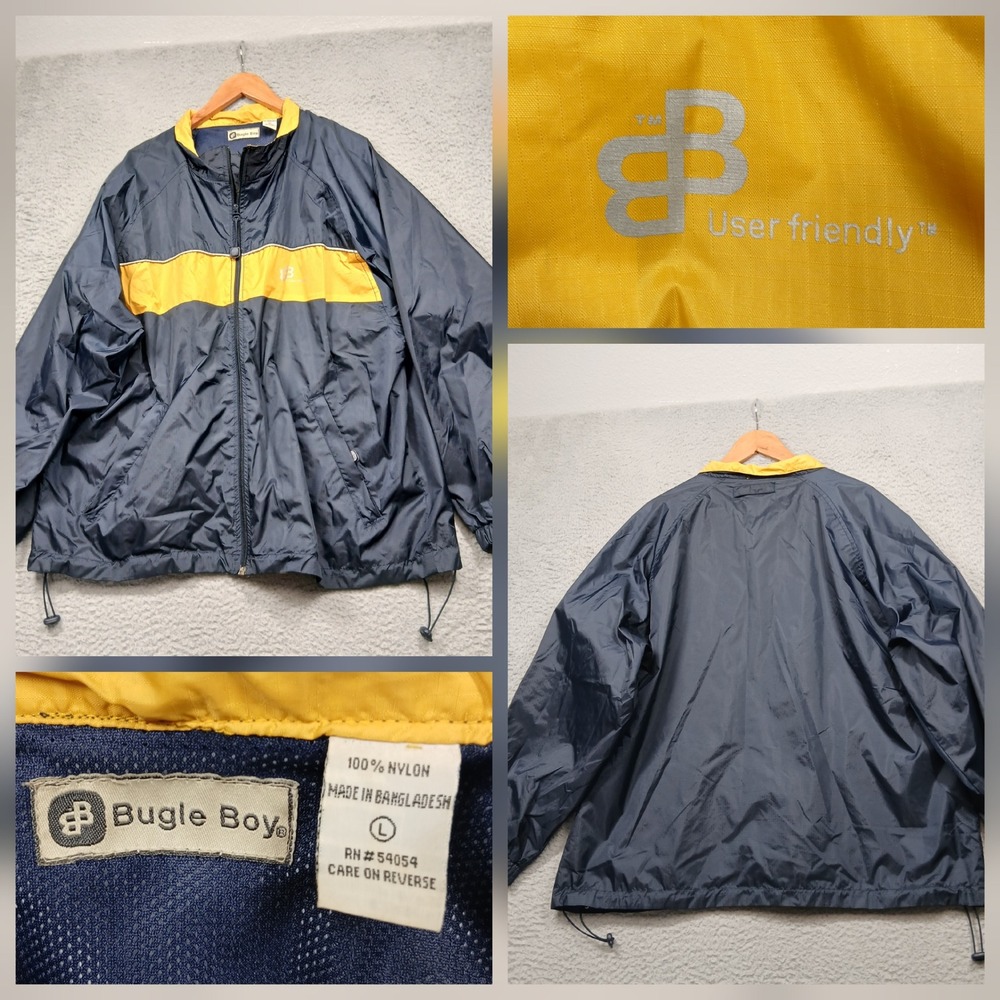 Bugle Boy User Friendly Navy Yellow Windbreaker Jacket Men's L Nylon 90s‎ Style